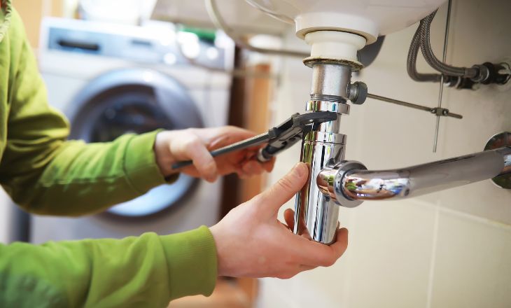 Técnico desentupindo pia de cozinha com equipamento profissional